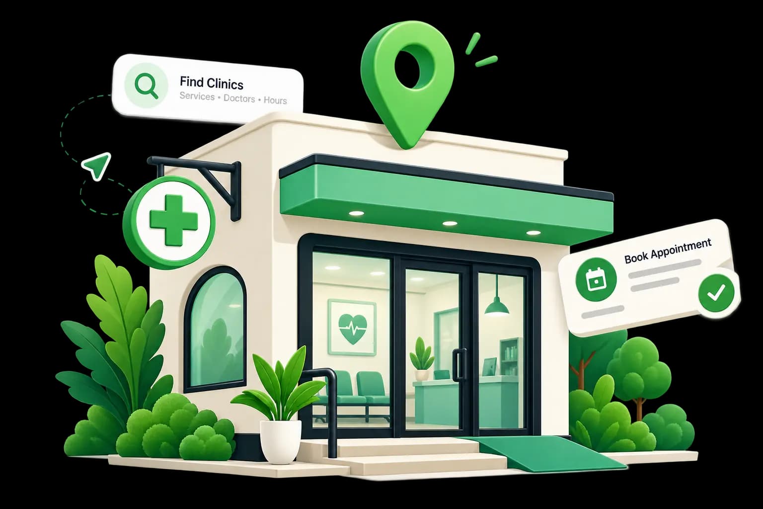 Illustration of a clinic storefront with a map pin and appointment booking card