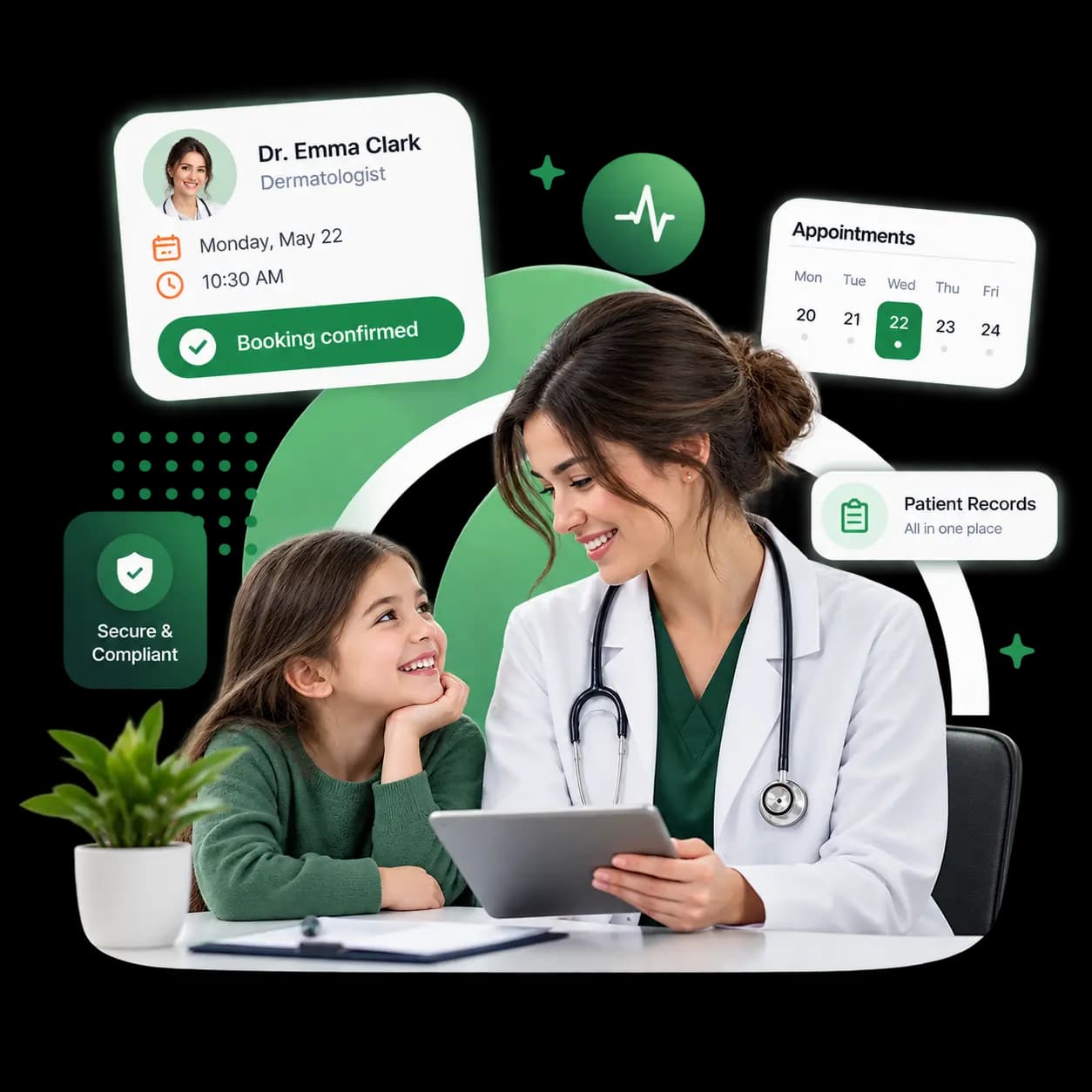 Illustration of a clinician and patient with paperwork turning into organized digital care records