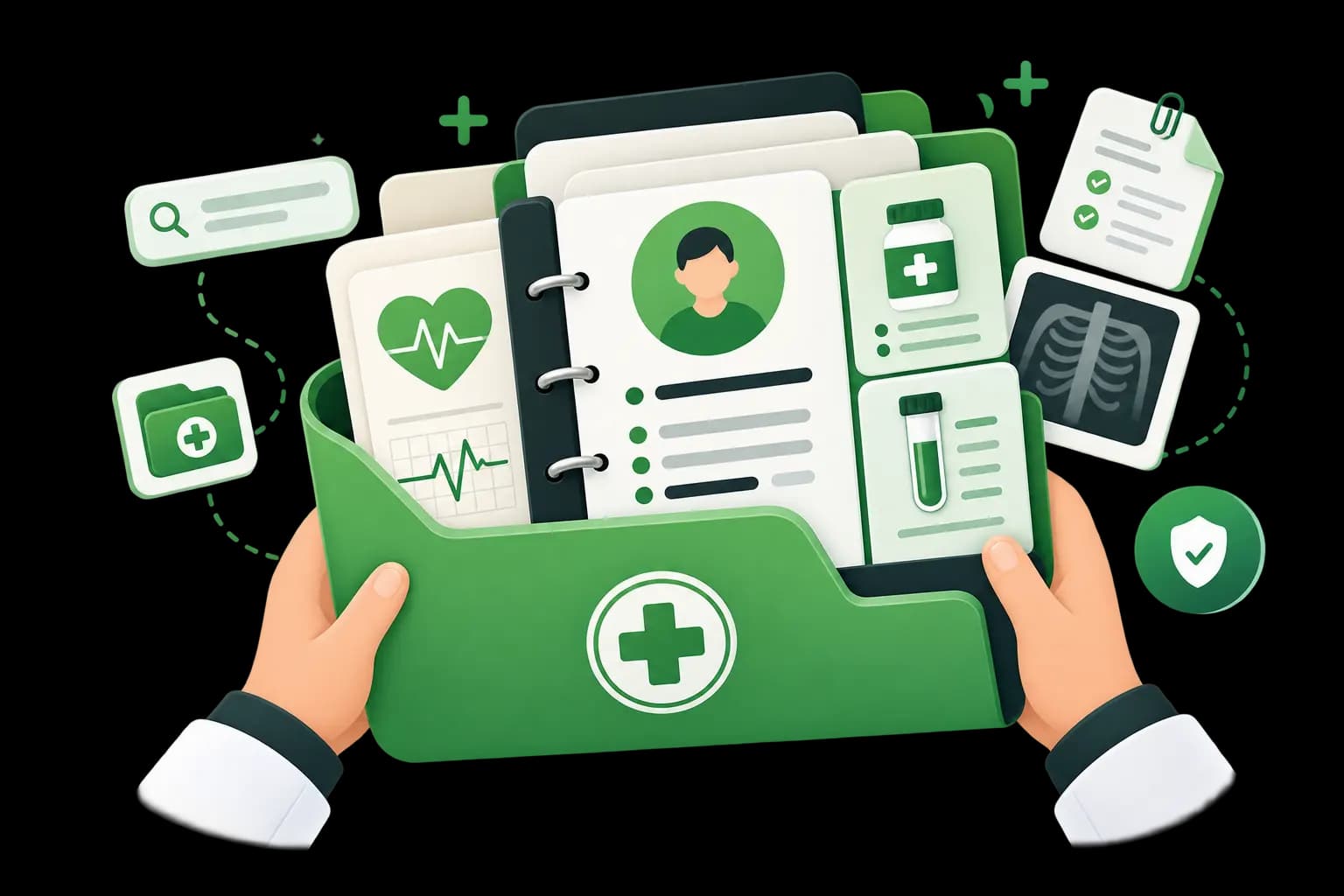 Illustration of a single patient folder holding history, prescriptions and lab results